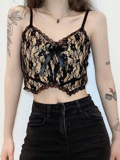 Aesthetic Lace Dark Academia E Girl Double Layer V Neck  Crop Top