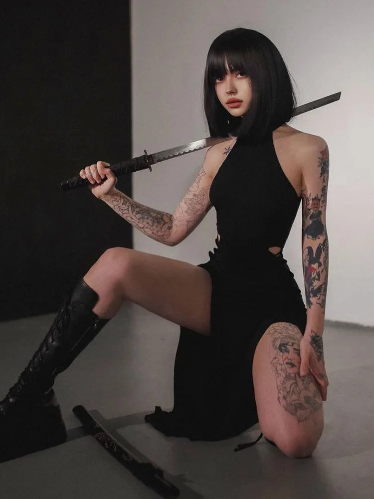 Gothic Dark High Split  Bandage Halter Slim Grunge Y2K Partywear Dress