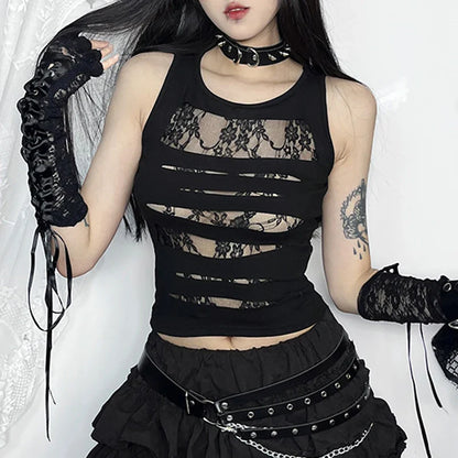 Dark Cut Out  Grunge Punk Mall Gothic Splice Lace Techwear Bodycon Crop Top