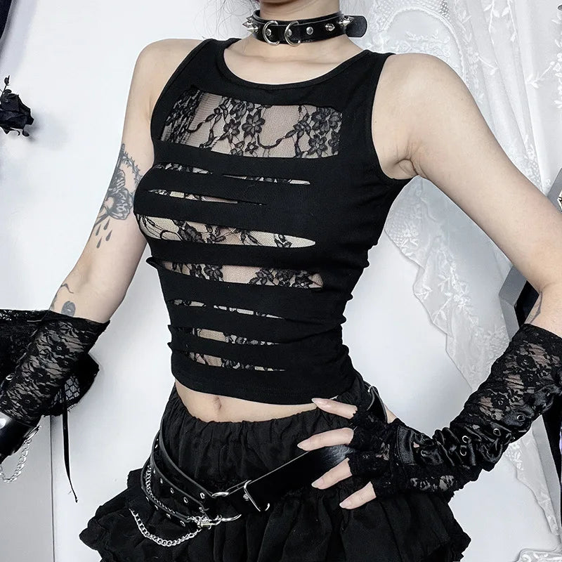 Dark Cut Out  Grunge Punk Mall Gothic Splice Lace Techwear Bodycon Crop Top