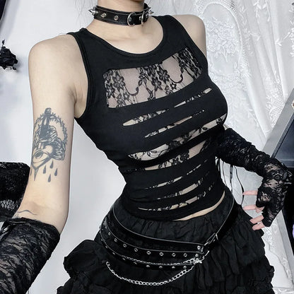 Dark Cut Out  Grunge Punk Mall Gothic Splice Lace Techwear Bodycon Crop Top