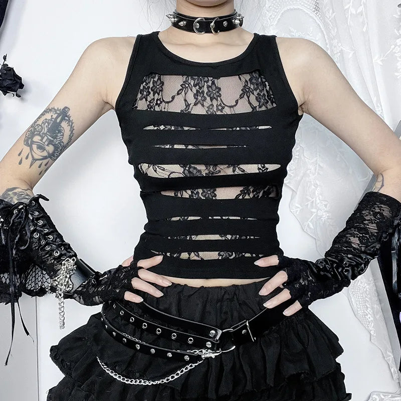 Dark Cut Out  Grunge Punk Mall Gothic Splice Lace Techwear Bodycon Crop Top