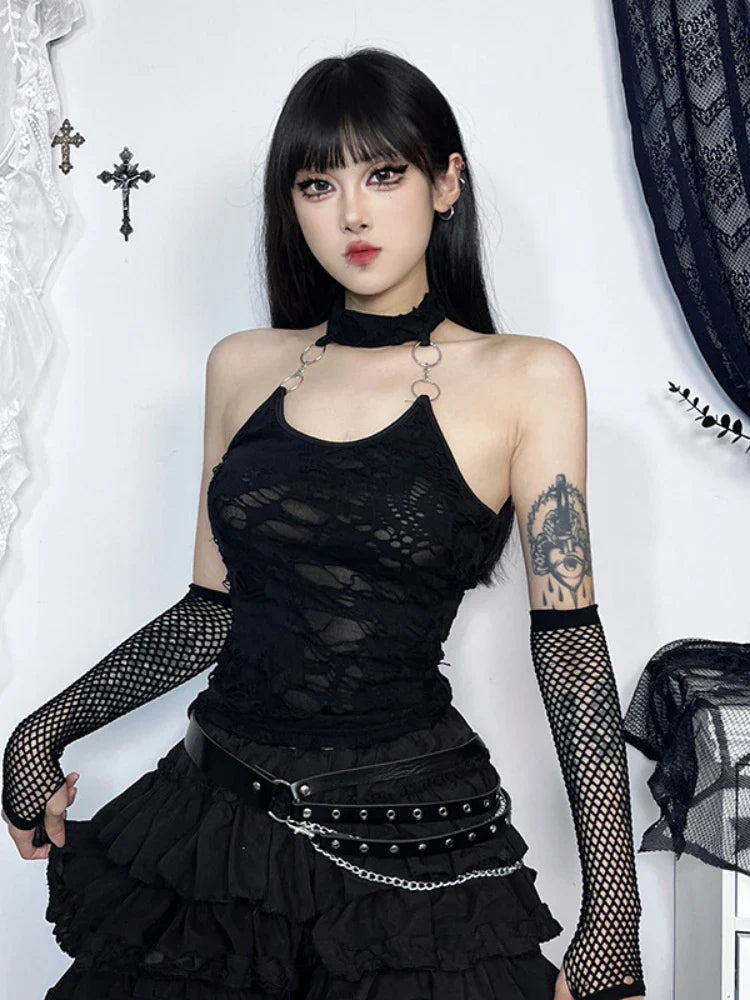 Gothic Halter Cyberpunk Y2K Backless Ring Bodycon Harajuku Basic  Crop Top