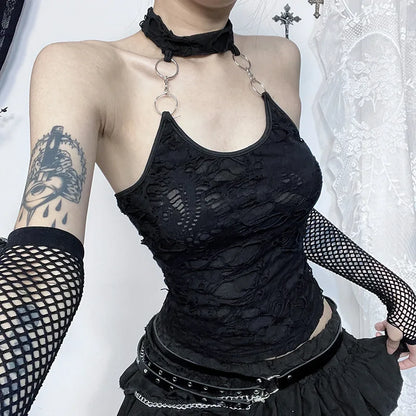 Gothic Halter Cyberpunk Y2K Backless Ring Bodycon Harajuku Basic  Crop Top