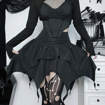 Irregular  Solid Color Drawstring Tie-Up Ruched Ruffles Mini Skirt