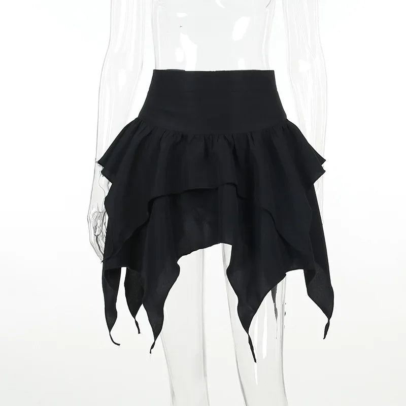 Irregular  Solid Color Drawstring Tie-Up Ruched Ruffles Mini Skirt