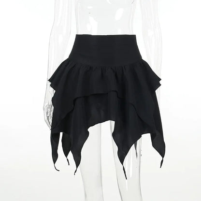 Irregular  Solid Color Drawstring Tie-Up Ruched Ruffles Mini Skirt
