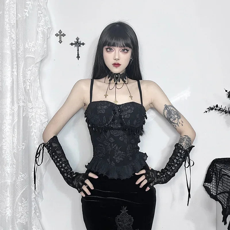 Gothic Retro  Grunge Jacquard Bead Pendant Backless Crop Top