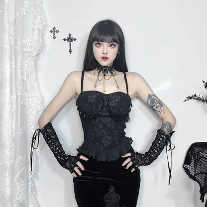 Gothic Retro  Grunge Jacquard Bead Pendant Backless Crop Top