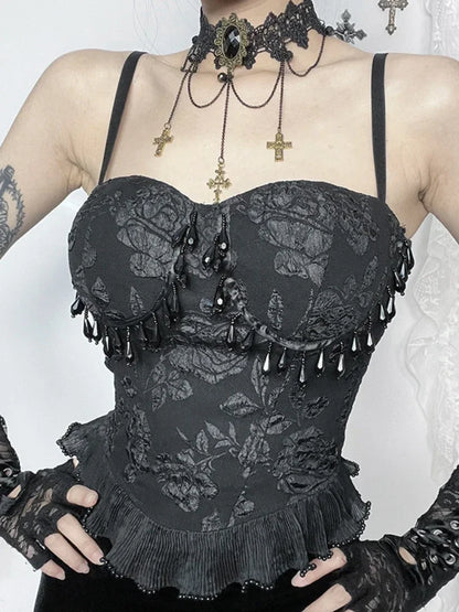Gothic Retro  Grunge Jacquard Bead Pendant Backless Crop Top