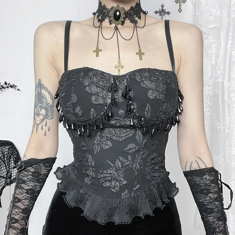Gothic Retro  Grunge Jacquard Bead Pendant Backless Crop Top