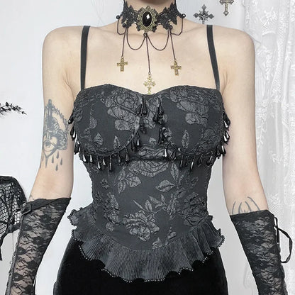 Gothic Retro  Grunge Jacquard Bead Pendant Backless Crop Top