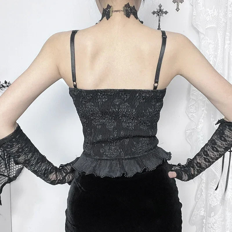 Gothic Retro  Grunge Jacquard Bead Pendant Backless Crop Top