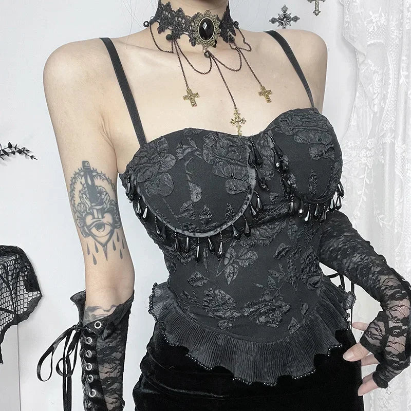 Gothic Retro  Grunge Jacquard Bead Pendant Backless Crop Top