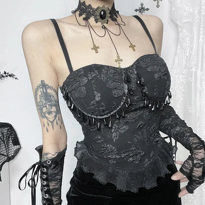 Gothic Retro  Grunge Jacquard Bead Pendant Backless Crop Top