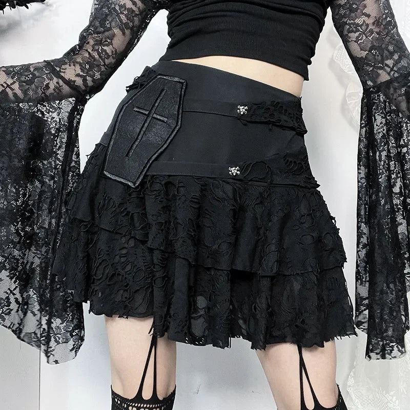 Gothic Style  Lace Cake for Summer 2024 Women with Versatile Ripped Hole Fabric Skirt
