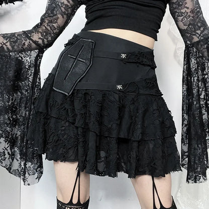 Gothic Style  Lace Cake for Summer 2024 Women with Versatile Ripped Hole Fabric Skirt