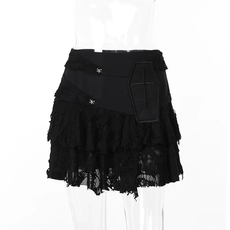 Gothic Style  Lace Cake for Summer 2024 Women with Versatile Ripped Hole Fabric Skirt