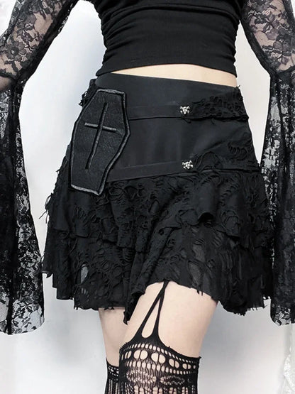 Gothic Style  Lace Cake for Summer 2024 Women with Versatile Ripped Hole Fabric Skirt