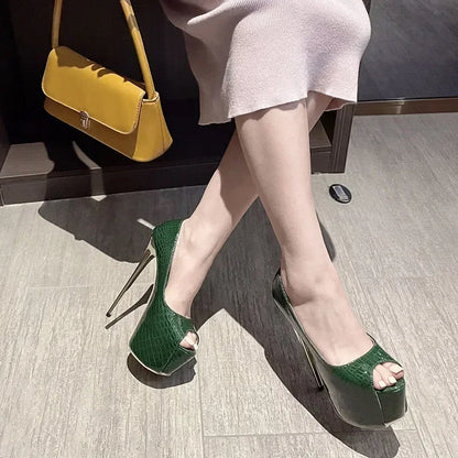 Stylish Green Snake Leather 16CM Thin High Heel  Peep Toe High Heel