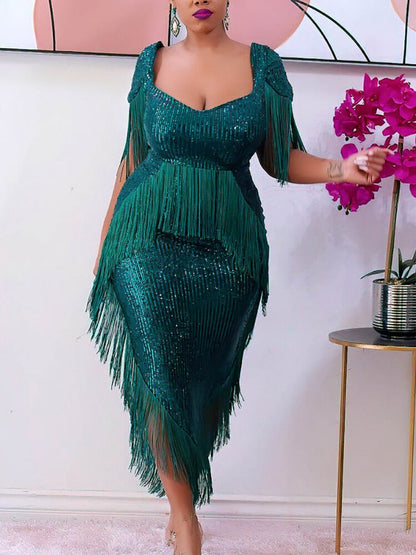 DressBetty - Green Tassel  Irregular Length Sequins Retro Evening Cocktail Party Outfits