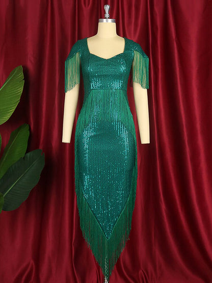 DressBetty - Green Tassel  Irregular Length Sequins Retro Evening Cocktail Party Outfits
