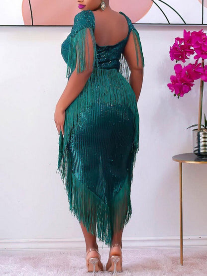 DressBetty - Green Tassel  Irregular Length Sequins Retro Evening Cocktail Party Outfits