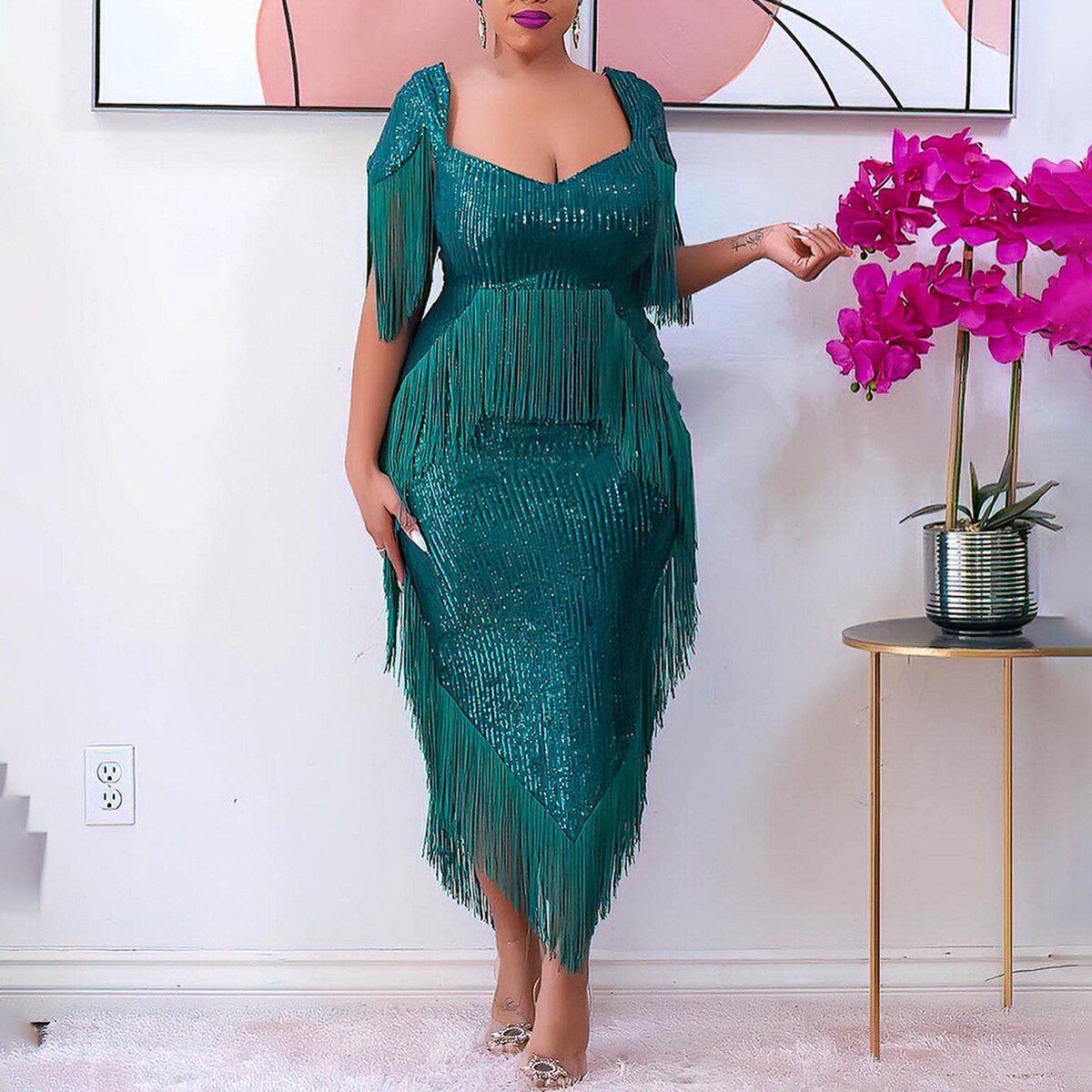 DressBetty - Green Tassel  Irregular Length Sequins Retro Evening Cocktail Party Outfits