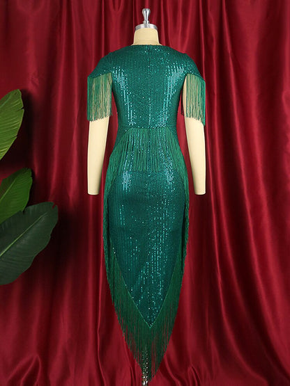 DressBetty - Green Tassel  Irregular Length Sequins Retro Evening Cocktail Party Outfits