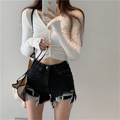 DressBetty -  Denim Shorts with Tassel Pockets Mini Short Jeans