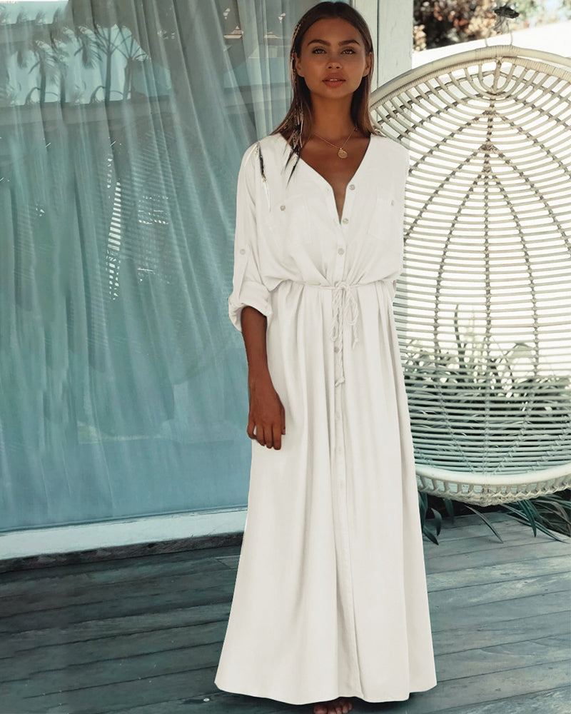 DressBetty -  Button Pockets Front Open Self Belted High Waist Summer Dress