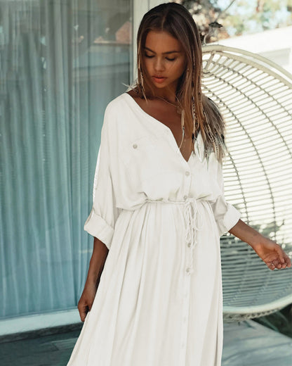 DressBetty -  Button Pockets Front Open Self Belted High Waist Summer Dress