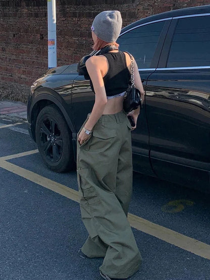 Army Green Low Rise Parachute Women Cyber Y2K Vintage Joggers Pant
