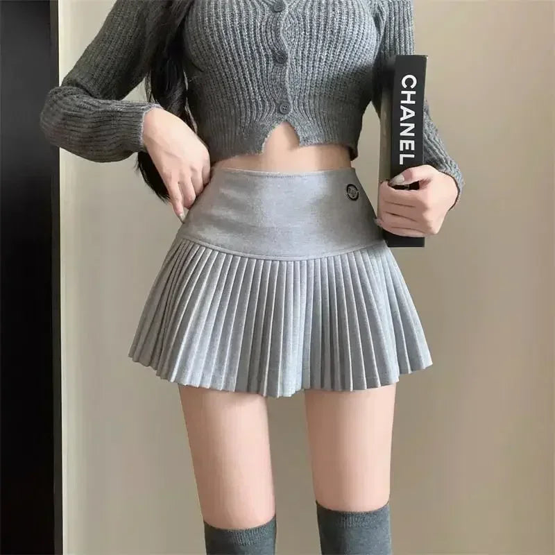 Woolen Pleated Cute  High Waist A-line Patchwork Vintage Skirt