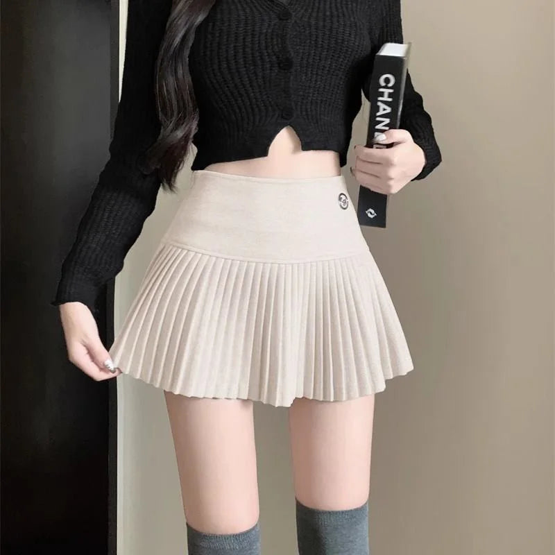 Woolen Pleated Cute  High Waist A-line Patchwork Vintage Skirt