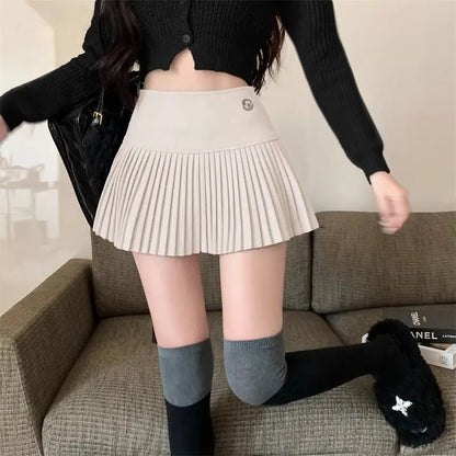 Woolen Pleated Cute  High Waist A-line Patchwork Vintage Skirt
