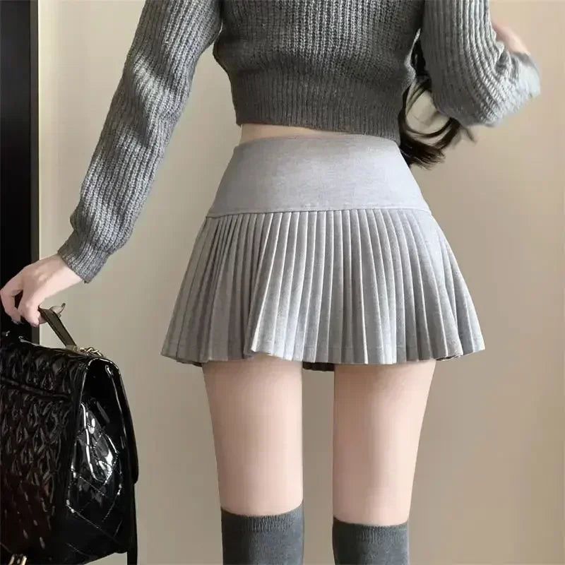 Woolen Pleated Cute  High Waist A-line Patchwork Vintage Skirt