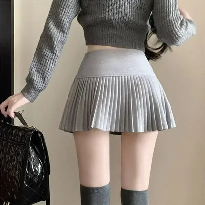 Woolen Pleated Cute  High Waist A-line Patchwork Vintage Skirt