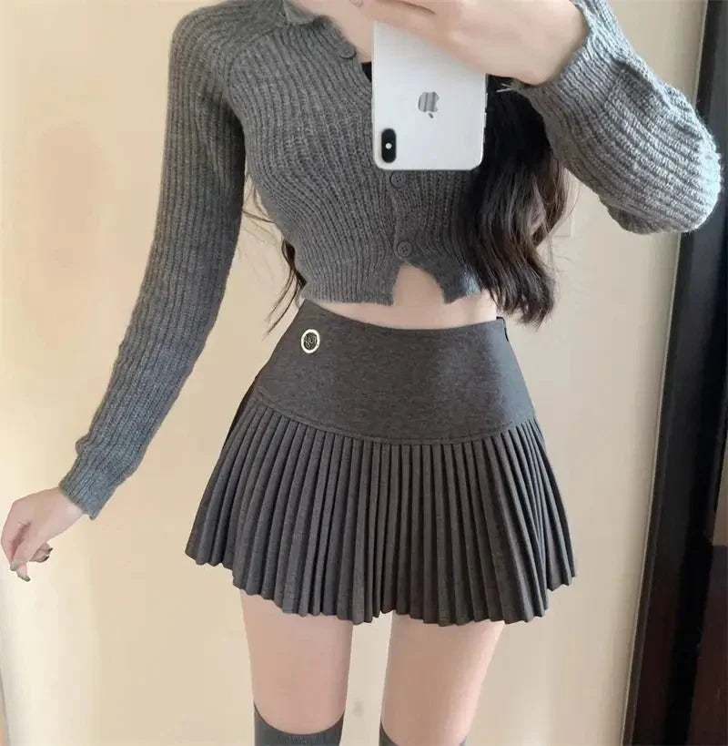 Woolen Pleated Cute  High Waist A-line Patchwork Vintage Skirt