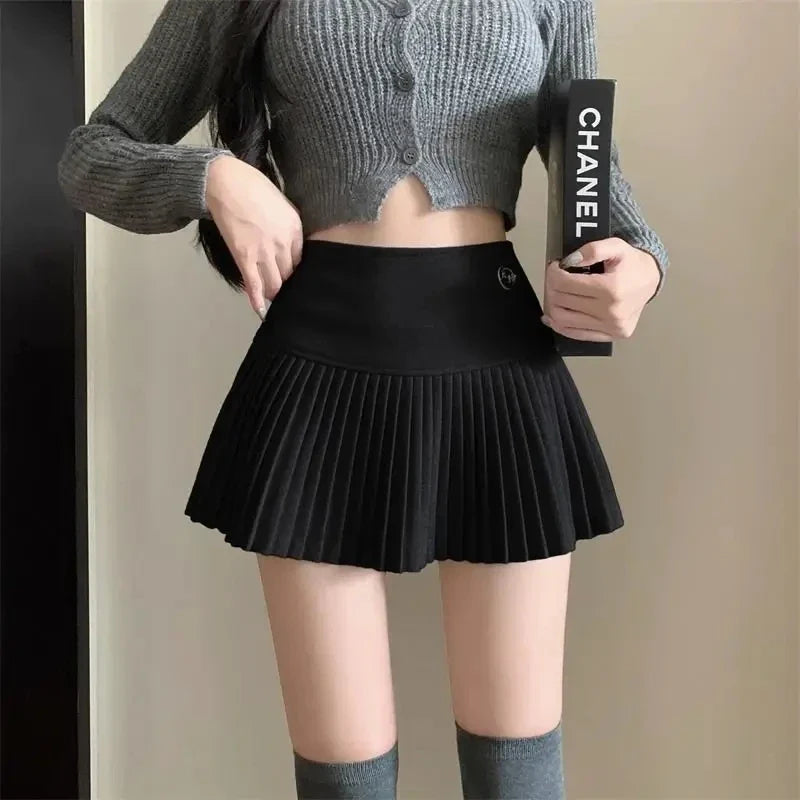 Woolen Pleated Cute  High Waist A-line Patchwork Vintage Skirt