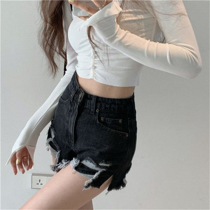 DressBetty -  Denim Shorts with Tassel Pockets Mini Short Jeans