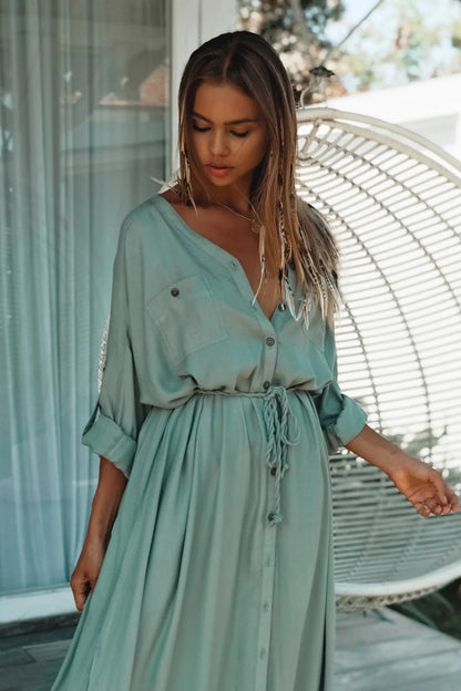 DressBetty -  Button Pockets Front Open Self Belted High Waist Summer Dress