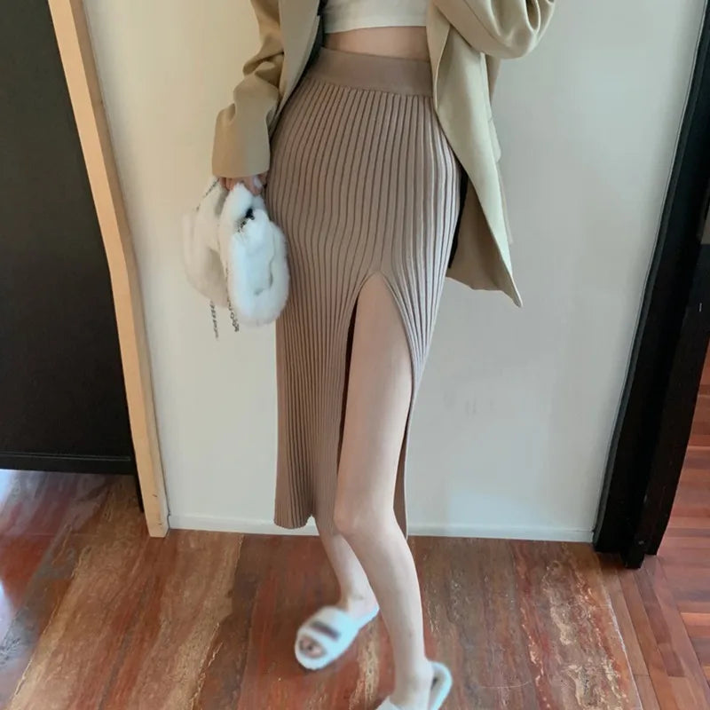 High Waist Knitted Elastic Temperament Thin  Split Slim Skirt