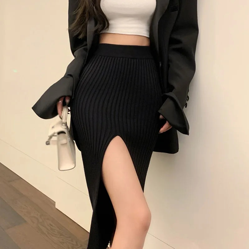 High Waist Knitted Elastic Temperament Thin  Split Slim Skirt