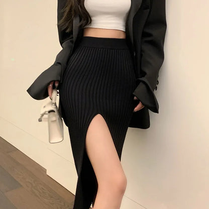 High Waist Knitted Elastic Temperament Thin  Split Slim Skirt