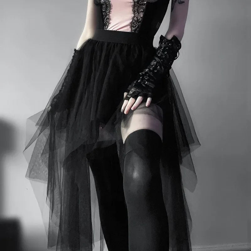 High Waisted Irregular Net Yarn Summer Gothic Casual  Clothes Skirt