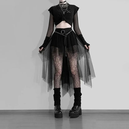 High Waisted Irregular Net Yarn Summer Gothic Casual  Clothes Skirt