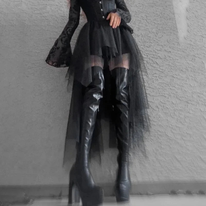 High Waisted Irregular Net Yarn Summer Gothic Casual  Clothes Skirt