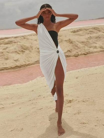Hollow One Shoulder White Midi Dress