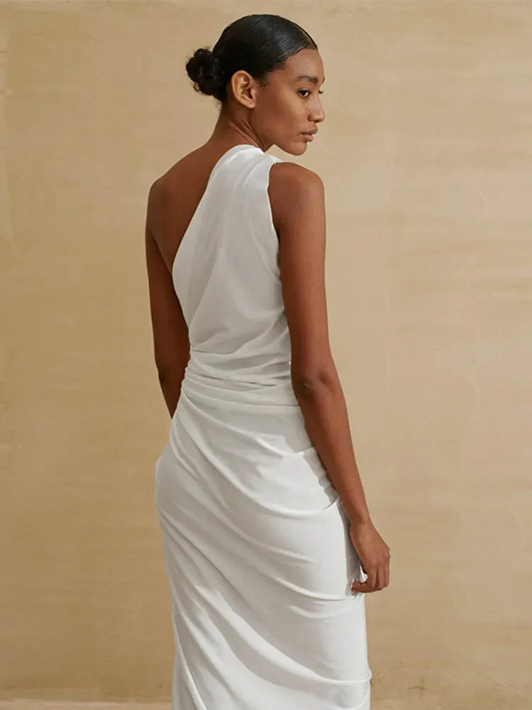 Hollow One Shoulder White Midi Dress